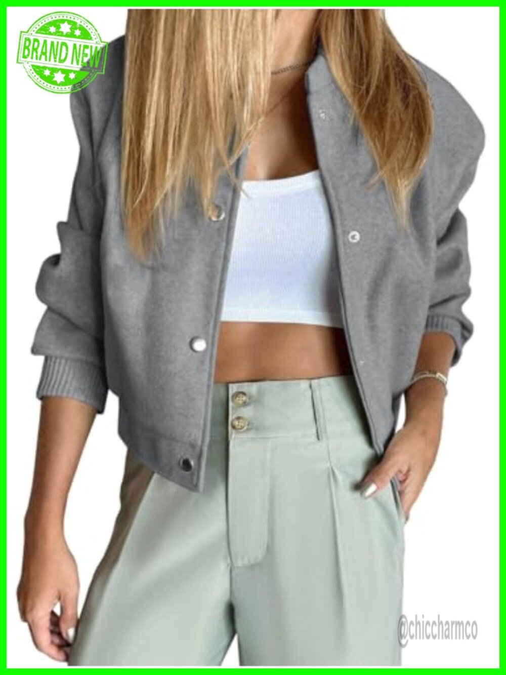 Wool Blend Cropped Bomber Jacket Button Down Varsity Casual Outerwear